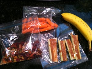 cranberry nut trail mix, celery w/ almond butter, banana, and baby carrots