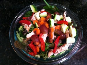 Salad with red peppers, grapes, zucchini, chicken, carrots and balsamic/olive oil dressing 